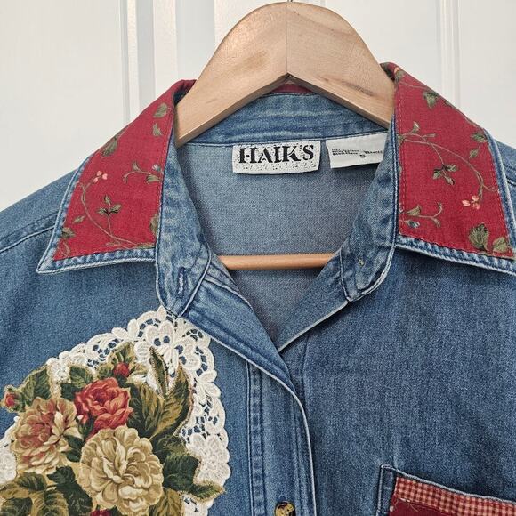 Vintage 90s Denim Blouse Womens Small Red Patchwork Cottagecore Lace Flowers - Picture 3 of 9